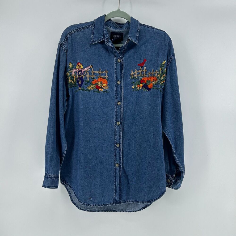Vintage Fall Harvest Embroidered Denim Button Down Shirt Women's M Blue Collared